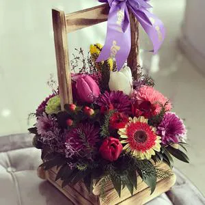 Colorful flowers in the box - Wooden box with flowers